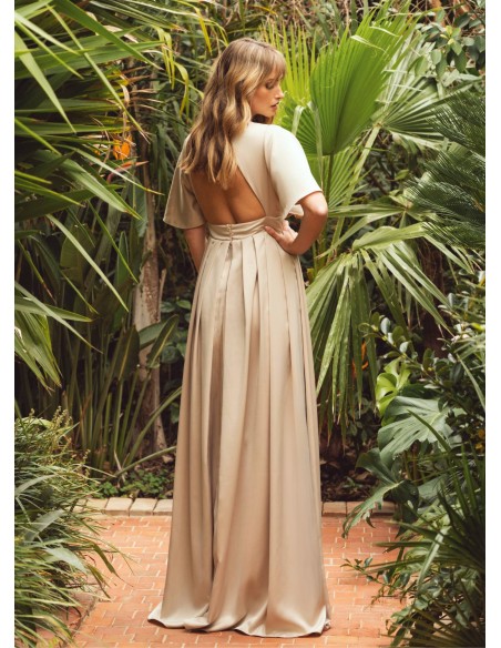 Beige long dress with short sleeves and open back