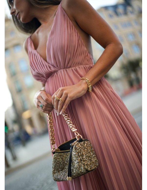 Vestido largo plisado con escote pronunciado rosa 2