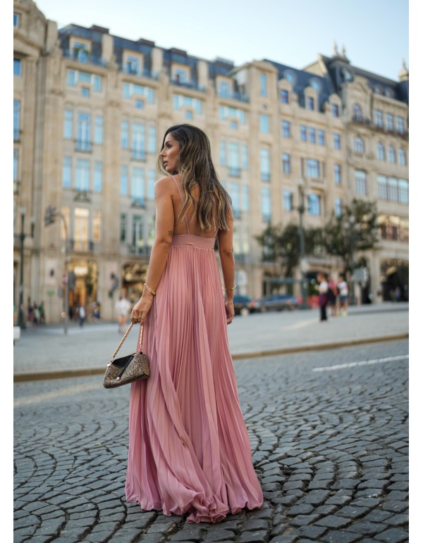 Robe longue plissée avec décolleté plongeant rose 2