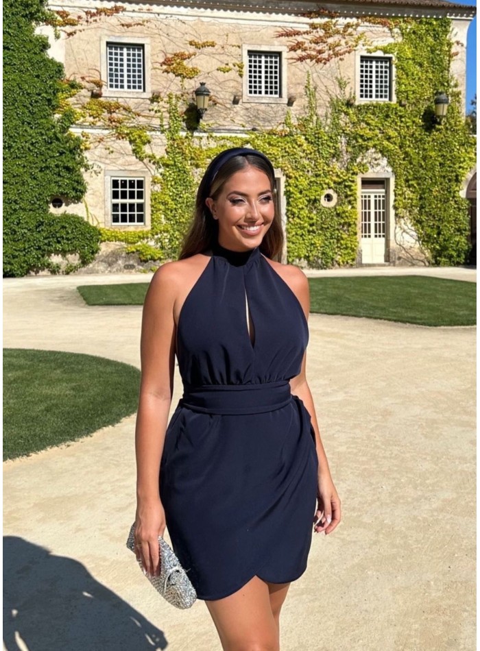 Navy blue short dress with open back