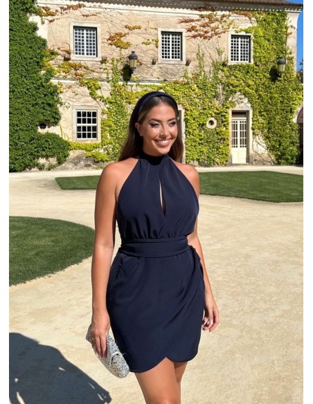 Navy blue short dress with open back