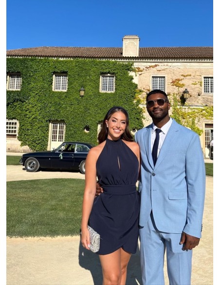 Vestido corto azul marino con espalda descubierta