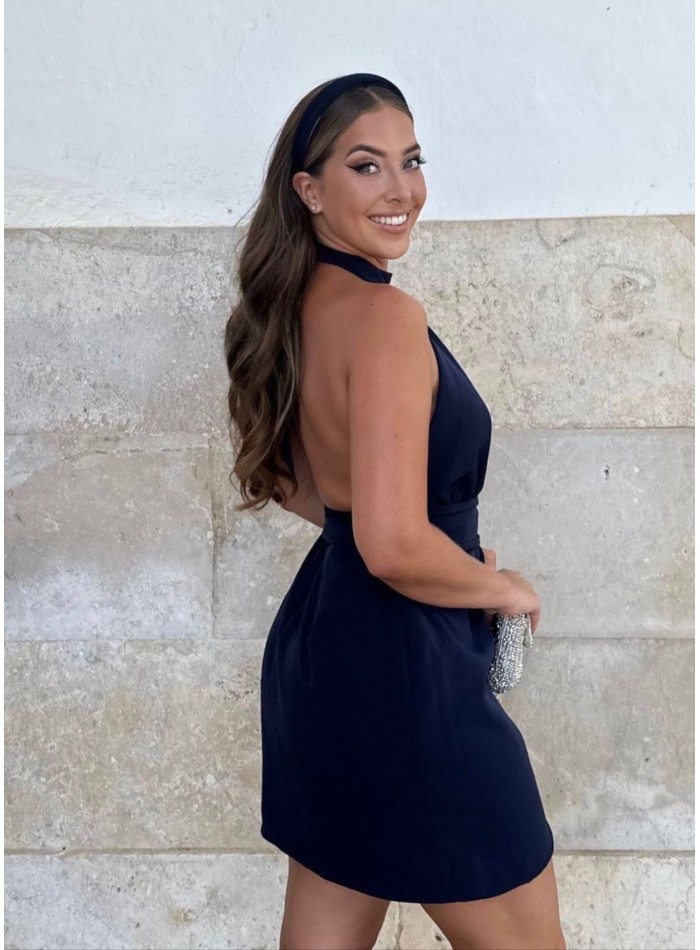 Vestido corto azul marino con espalda descubierta