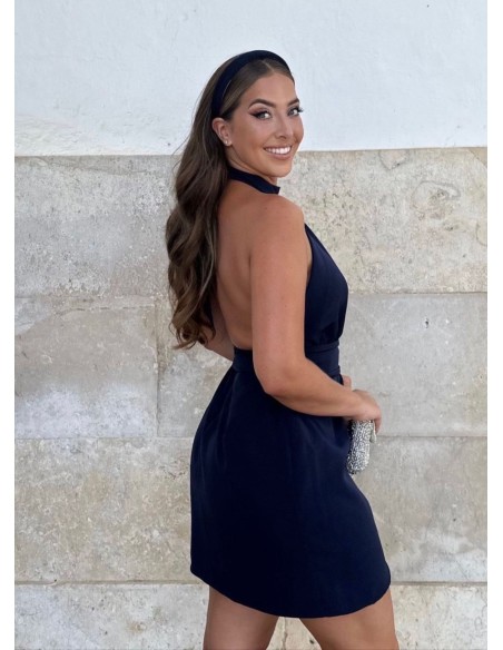 Vestido corto azul marino con espalda descubierta
