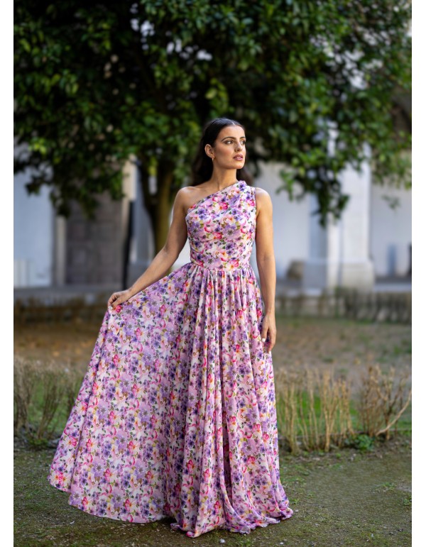 Robe longue drapée imprimée avec encolure asymétrique 2