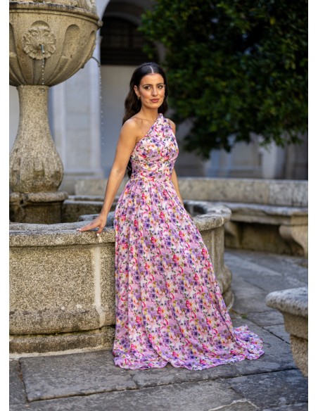 Printed draped long dress with asymmetrical neckline