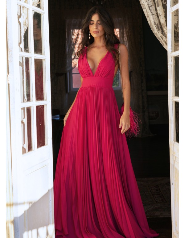 Robe longue plissée rose cerise