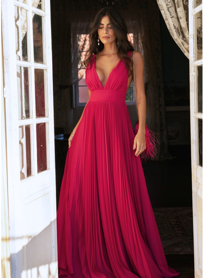 Robe longue plissée rose cerise