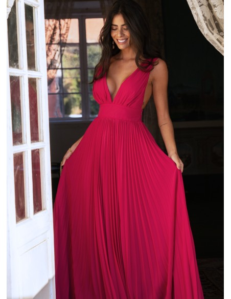 Robe longue plissée rose cerise