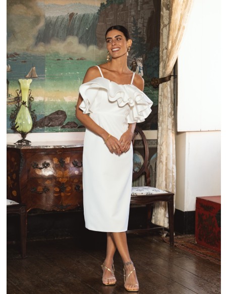 Vestido midi blanco con escote con volantes