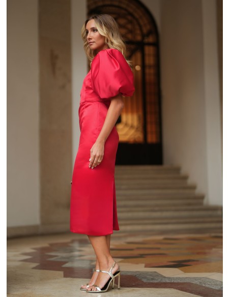 Vestido midi rojo con manga abullonada Vestido midi rojo con manga abullonada