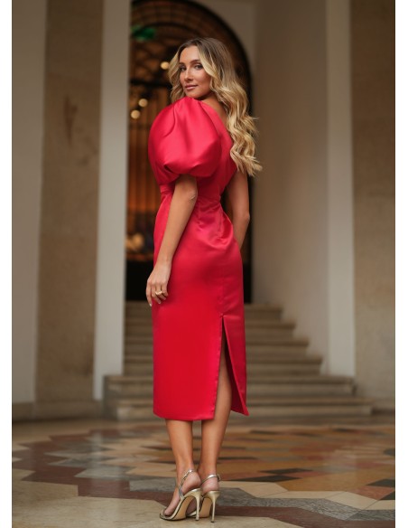 Vestido midi rojo con manga abullonada Vestido midi rojo con manga abullonada