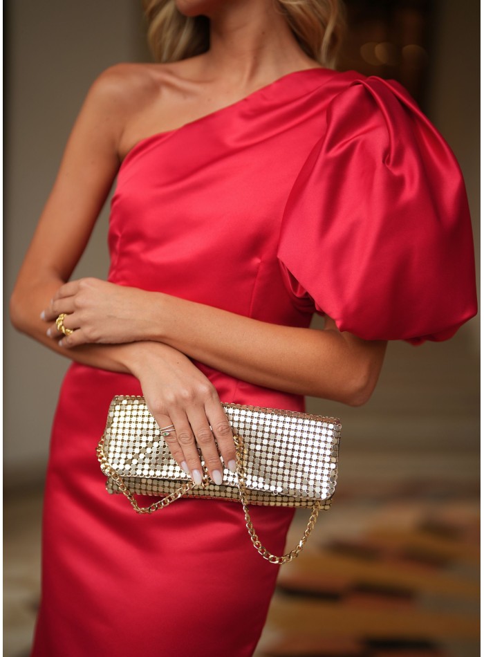 Vestido midi rojo con manga abullonada