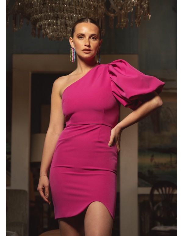 Short fuchsia dress with asymmetrical neckline and puffed...