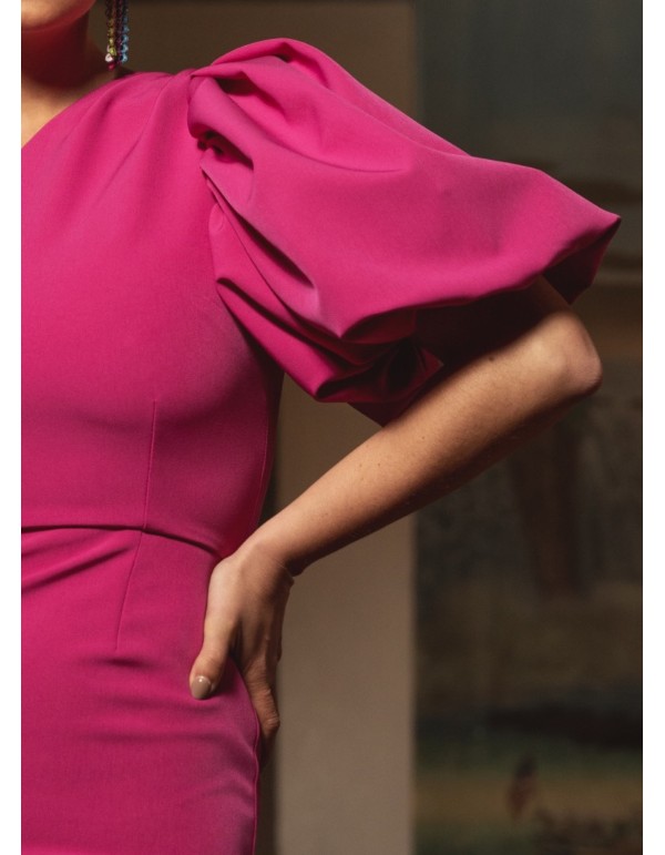 Short fuchsia dress with asymmetrical neckline and puffed... 2
