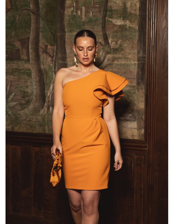 Short orange dress with ruffles on the sleeve