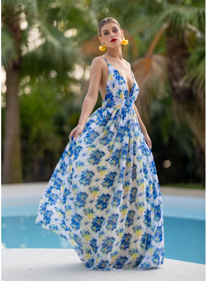 Robe longue à imprimé floral bleu