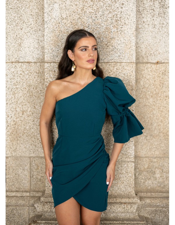 Short green dress with asymmetrical neckline