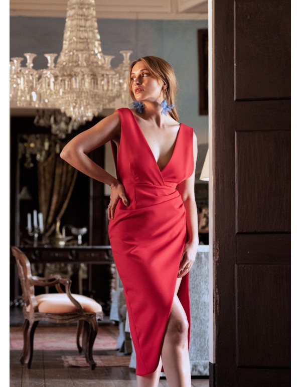 Red midi dress with plunging neckline