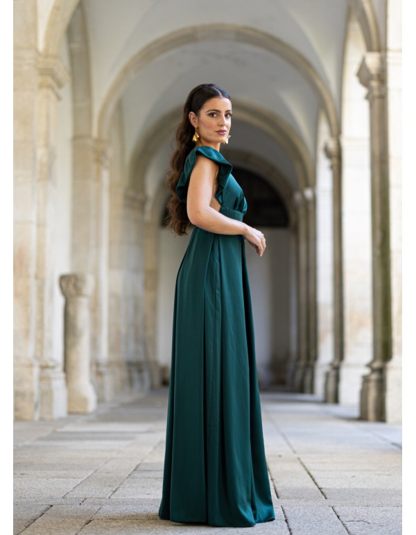 Vestido largo verde con tirantes con volantes 2