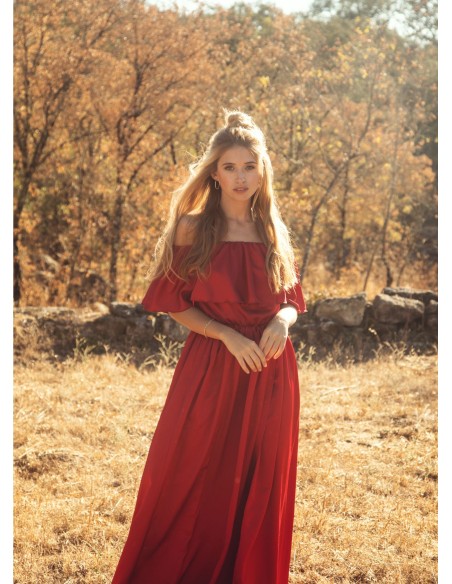 Long red dress with strapless neckline