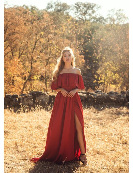 Long red dress with strapless neckline