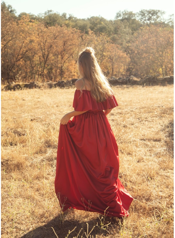 Long red dress with strapless neckline