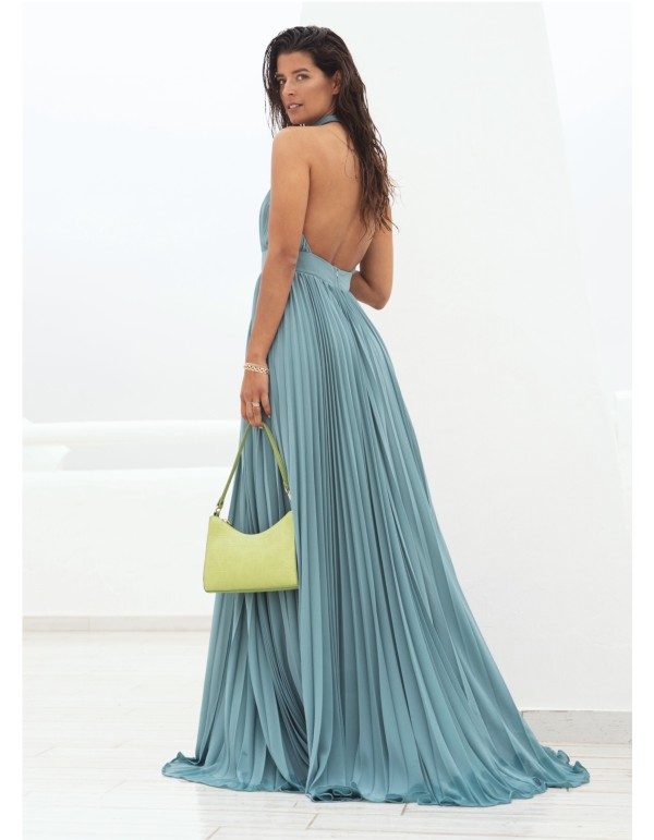 Pleated aqua green dress with halter neckline