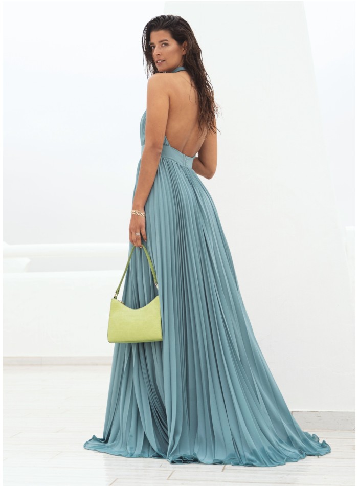 Robe plissée vert d'eau avec encolure dos nu