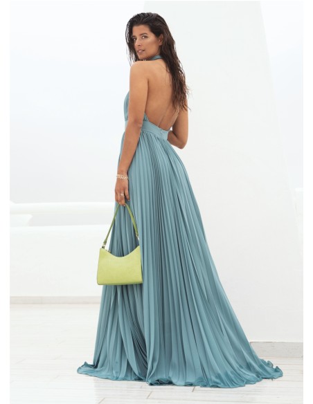 Robe plissée vert d'eau avec encolure dos nu