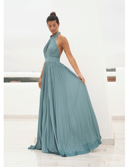 Pleated aqua green dress with halter neckline
