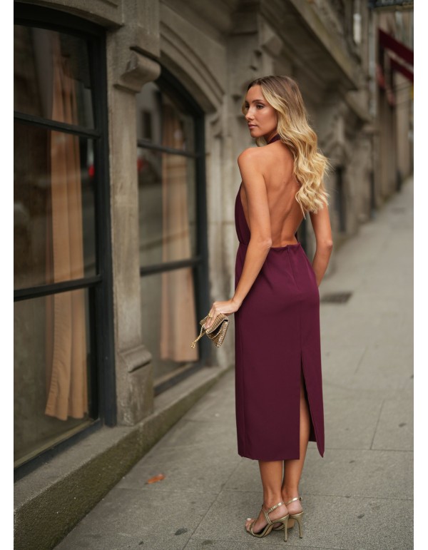 Vestido midi burdeos con detalles de flores