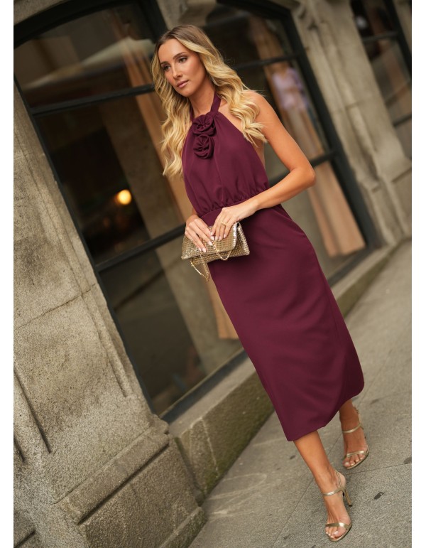 Vestido midi burdeos con detalles de flores 2
