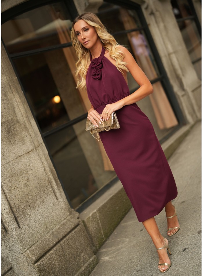 Burgundy midi dress with flower details