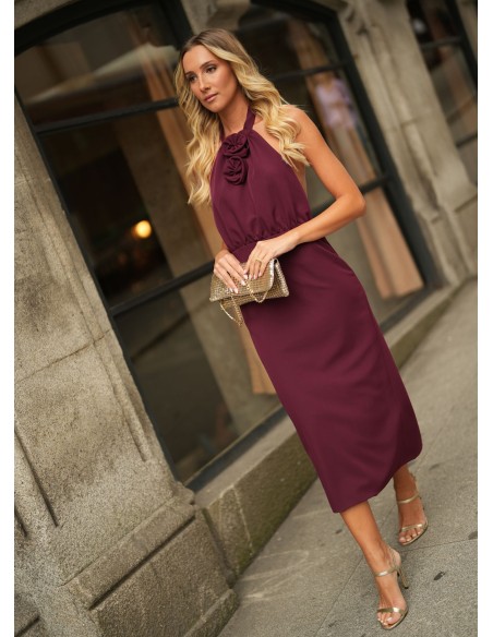 Burgundy midi dress with flower details