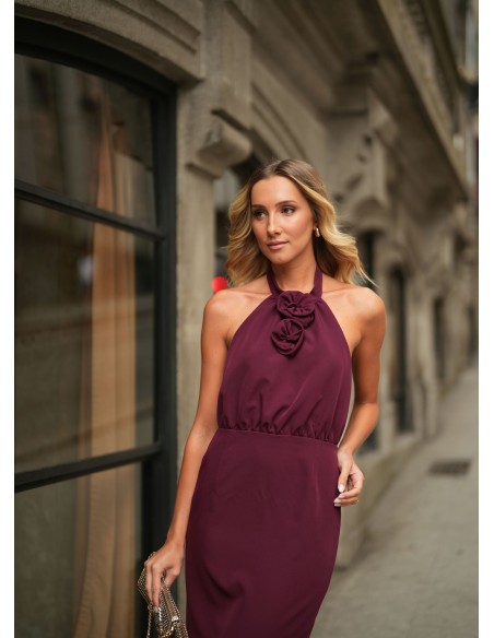 Burgundy midi dress with flower details