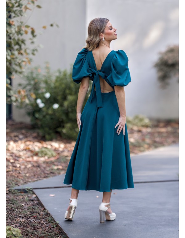 Robe midi verte à manches bouffantes