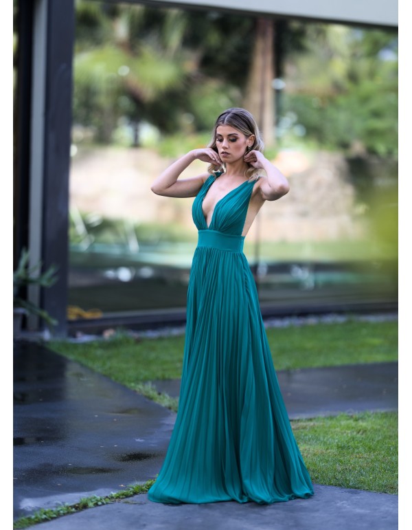 Pleated green long dress