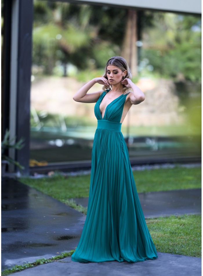 Robe longue plissée verte