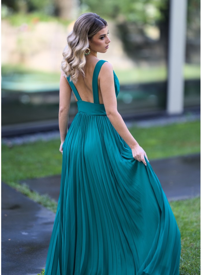 Vestido largo verde plisado