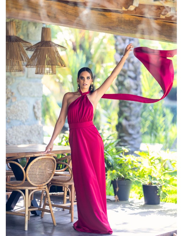 Long red dress in flared cut with cape