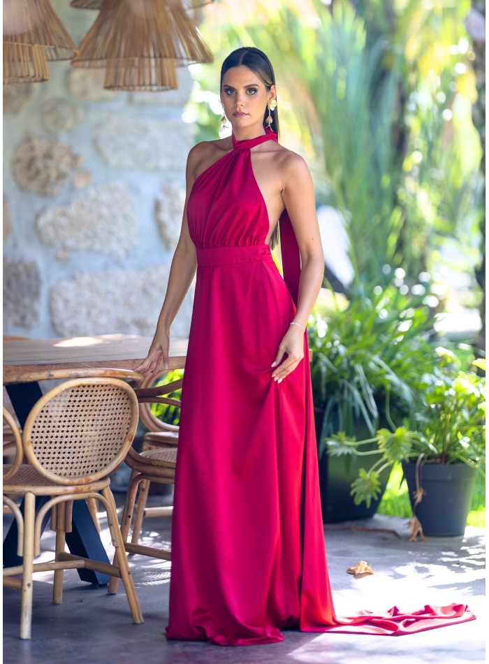 Long red dress in flared cut with cape