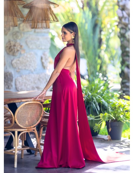 Long red dress in flared cut with cape
