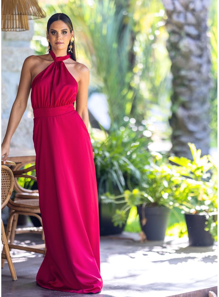 Long red dress in flared cut with cape