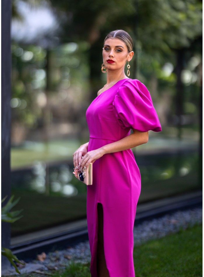 Asymmetrical midi guest dress with puffed sleeves