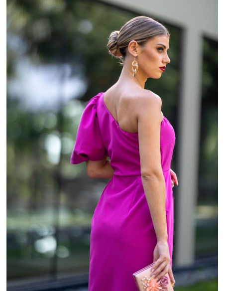 Asymmetrical midi guest dress with puffed sleeves