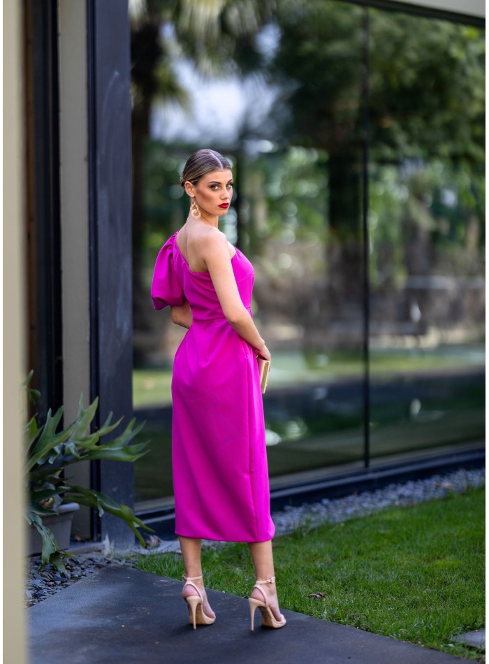 Asymmetrical midi guest dress with puffed sleeves