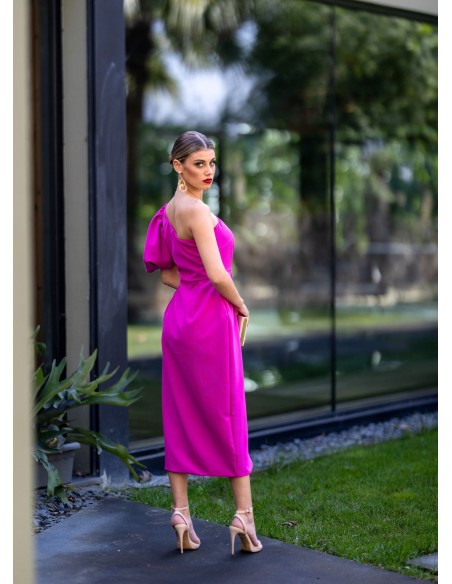 Asymmetrical midi guest dress with puffed sleeves