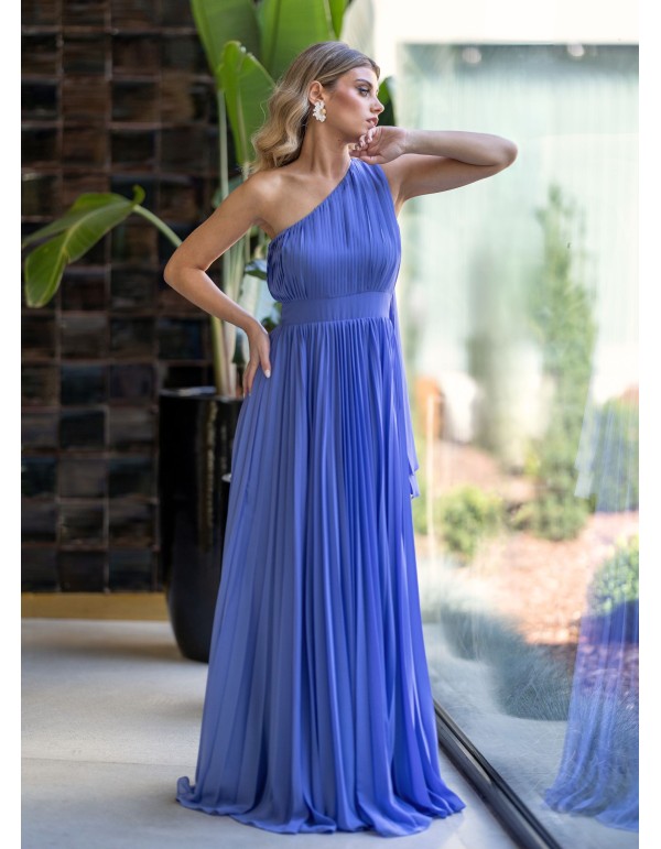 Vestido de fiesta largo plisado con escote asimétrico y...