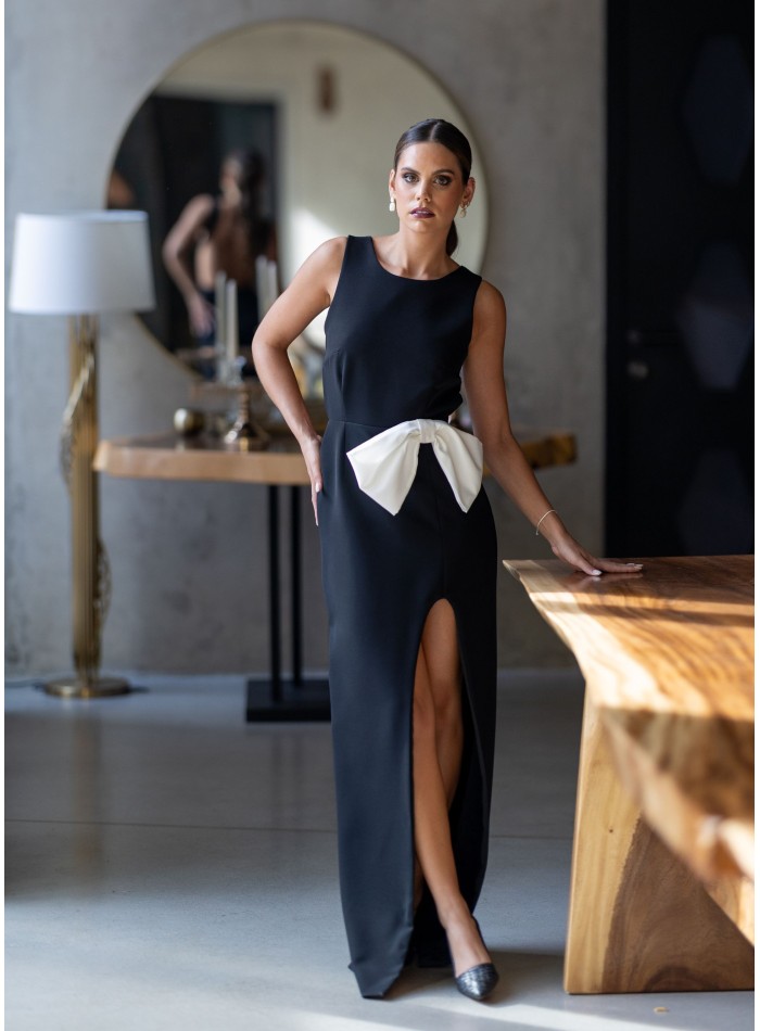 Long black guest dress with bow